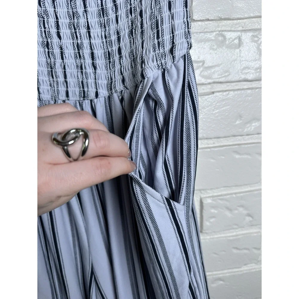 Justify L Smocked Off Shoulder Striped Jumpsuit Blue White Wide Leg Boho‎